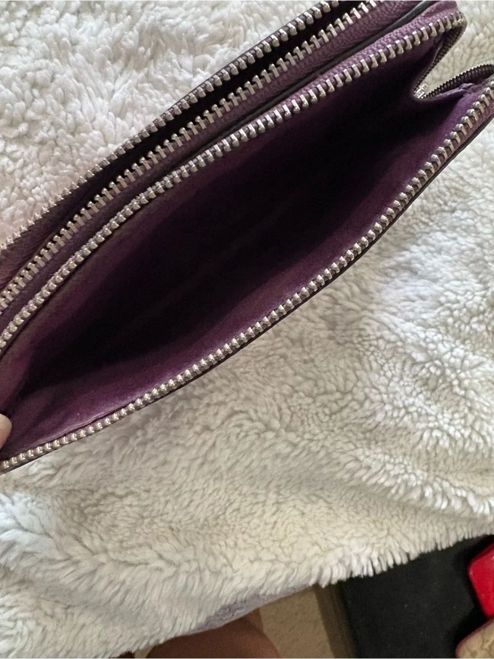 COACH Plum Pebbled Leather Double Zippered Wristlet Clutch